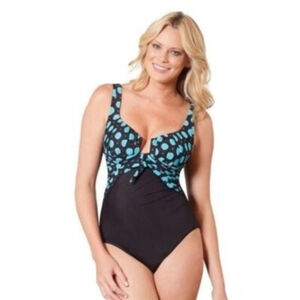 Women's Miraclesuit Black Turquoise Polka Dot One Piece Swimsuit 8